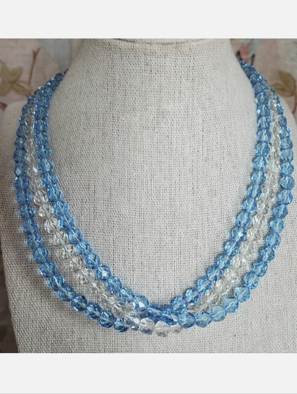 Triple Strand Faceted Clear Glass & Light Blue Beaded Vintage CLASP Necklace EUC